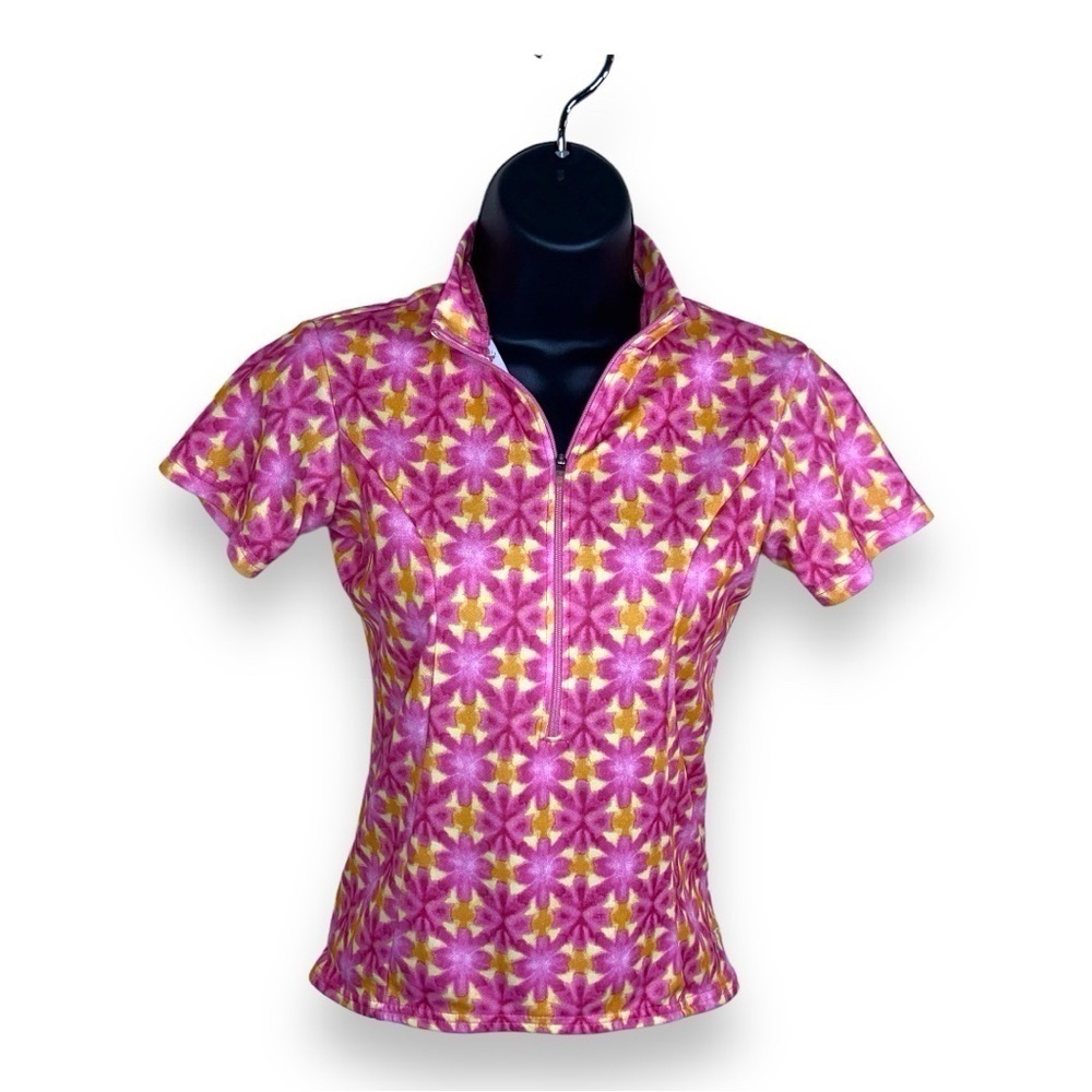 XS Y2K TERRY PINK YELLOW FLORAL SHORT SLEEVE TOP GOLF OUTDOOR ACTIVEWEAR 90s
